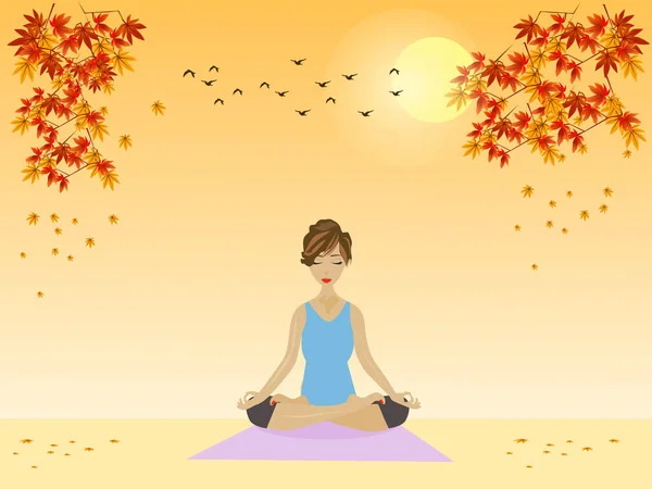 Kadın akçaağaç yaprakları ve sarı gökyüzü ile yoga yapıyor.