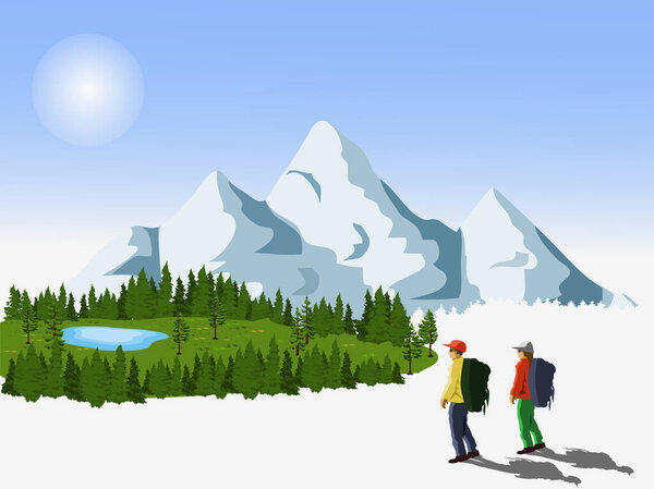 Male and female tourists walking to an oasis with snowy mountains in the background.