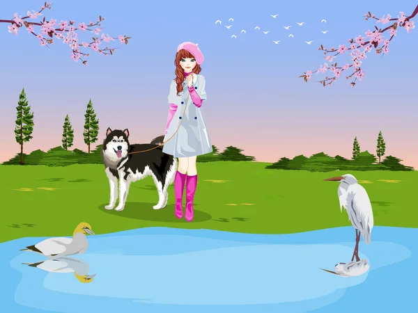 Ένα Κορίτσι Ένα Σκύλο Στέκεται Δίπλα Στο Νερό Ένα Πουλί — Διανυσματικό Αρχείο