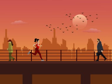 Üstgeçitte yürüyen insanlar ve arka planda şehir ve günbatımı