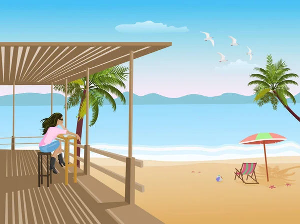 Mulher Sentada Café Bambu Uma Praia Junto Mar Com Mar — Vetor de Stock