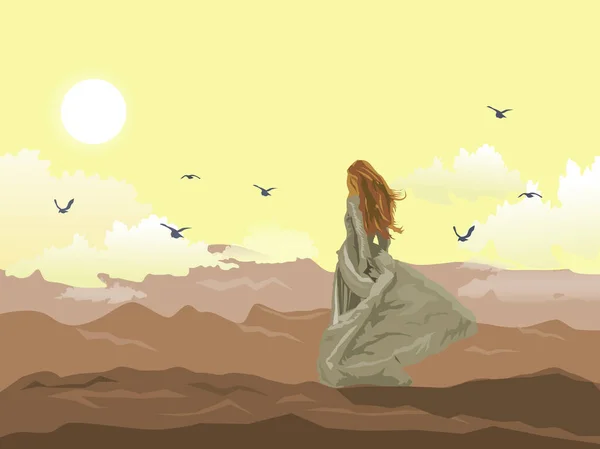 Beyaz uzun etekli bir kadın bir tepenin tepesinde duruyor ve arkasında sarı bir gökyüzü var..