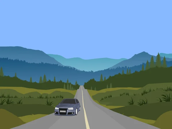 Auto Stava Guidando Autostrada Attraverso Una Foresta Con Montagne Cielo — Vettoriale Stock