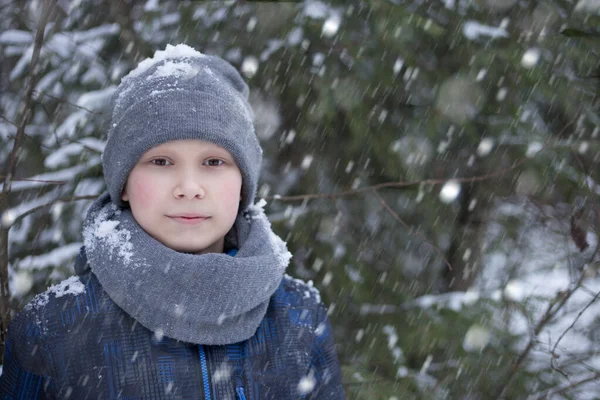 Ένα αγόρι περπατά στο δάσος το χειμώνα. — Φωτογραφία Αρχείου