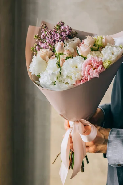 Delicate Bouquet White Eustomas Pink Roses Violet Lilacs Beautiful Packaging 스톡 사진