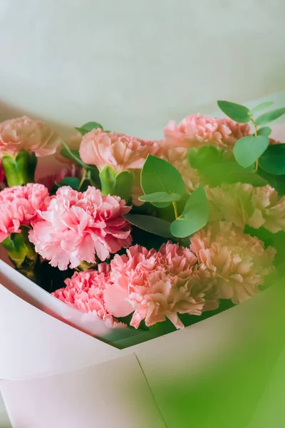 Delicate Bouquet Coral Carnations Eucalyptus Greens Green Bokeh Summer Background 스톡 사진