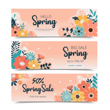 Merhaba bahar pankartı ve arkaplan koleksiyonu. Büyük indirim baharı. Vektör çizimi. Promosyon bahar tasarımı.