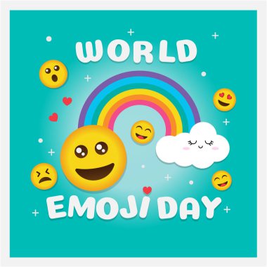 Dünya emoji günü tebrik kartı ve geçmiş şablonu. El çizimi. Düz dizayn. Vektör illüstrasyonu. 