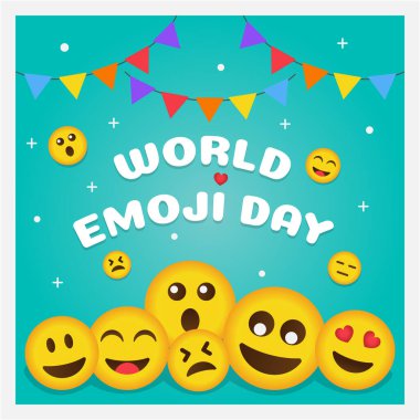 Dünya emoji günü tebrik kartı ve geçmiş şablonu. El çizimi. Düz dizayn. Vektör illüstrasyonu. 