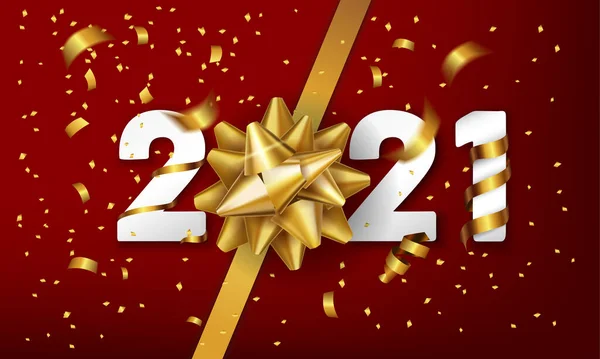 2021 Happy New Year Fond Vectoriel Avec Arc Cadeau Confettis — Image vectorielle