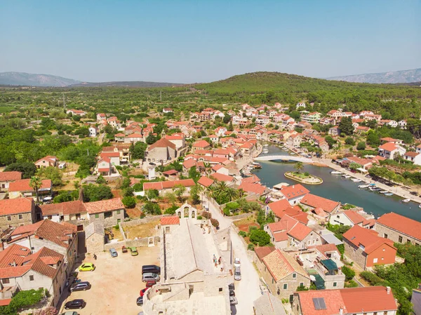 Vedere Golfului Orașului Vechi Cetate Biserică Orașul Vrboska Insula Hvar — Fotografie, imagine de stoc