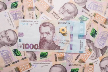 Ukrayna Hryvnia 'sı. 500 Hryvnia banknotları. Hryvnia (UAH) yakın çekim. Para arkaplanı.