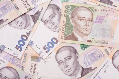 Ukrayna Hryvnia 'sı. 500 Hryvnia banknotları. Hryvnia (UAH) yakın çekim. Para arkaplanı.