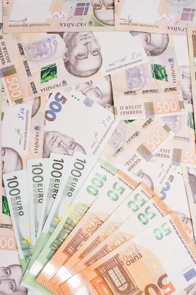 Grivna Ucraniana Dólar Americano Euro Moneda Nuevos Billetes Primer Plano — Foto de Stock