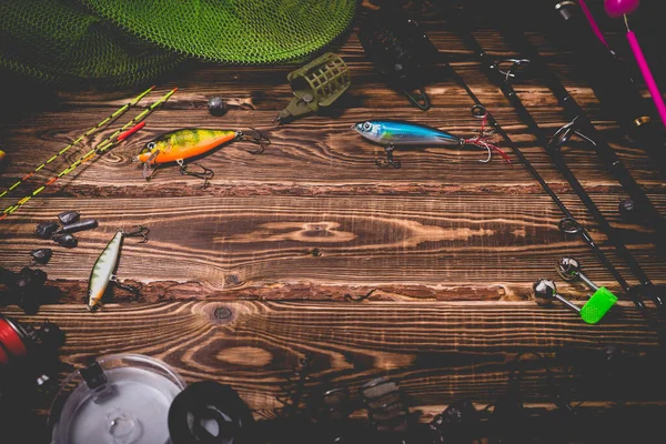 Aparejos Pesca Sobre Fondo Madera Foto Estudio Con Viñeta —  Fotos de Stock