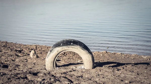 Старі Брудні Автомобілі Шини Березі Водойми Концепція Забруднення Довкілля — стокове фото