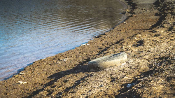 Старі Брудні Автомобілі Шини Березі Водойми Концепція Забруднення Довкілля — стокове фото