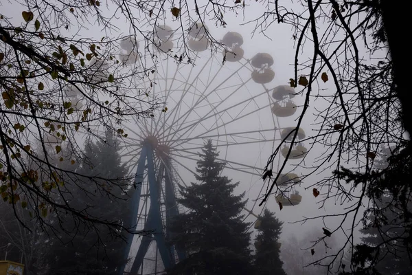 Rueda Fortuna Viejo Parque Abandonado Otoño Espesa Niebla — Foto de Stock