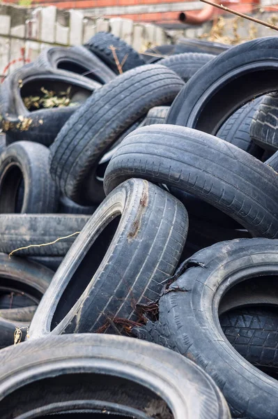 Monte Pneus Velhos Carros Usados Poluição Ambiental Pneus Basculantes — Fotografia de Stock