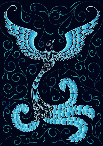 Oiseau doodle bleu sur noir — Image vectorielle