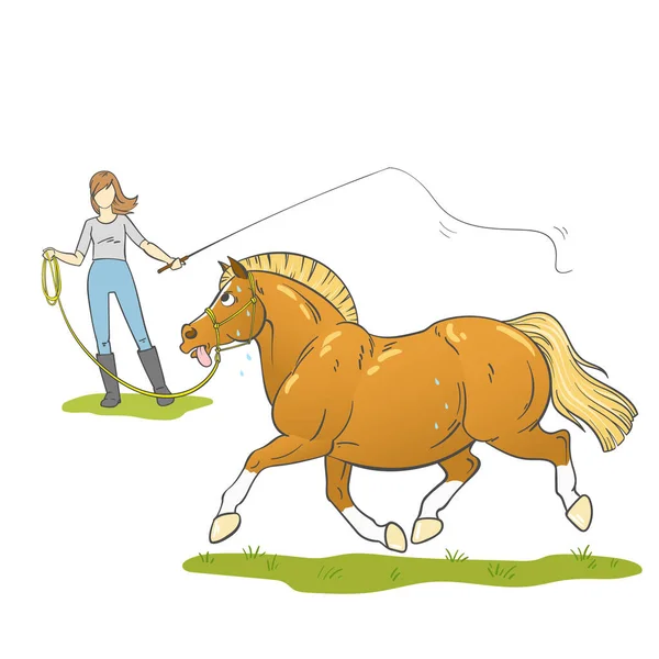 Illustration einer jungen Frau auf einem übergewichtigen Pony — Stockvektor