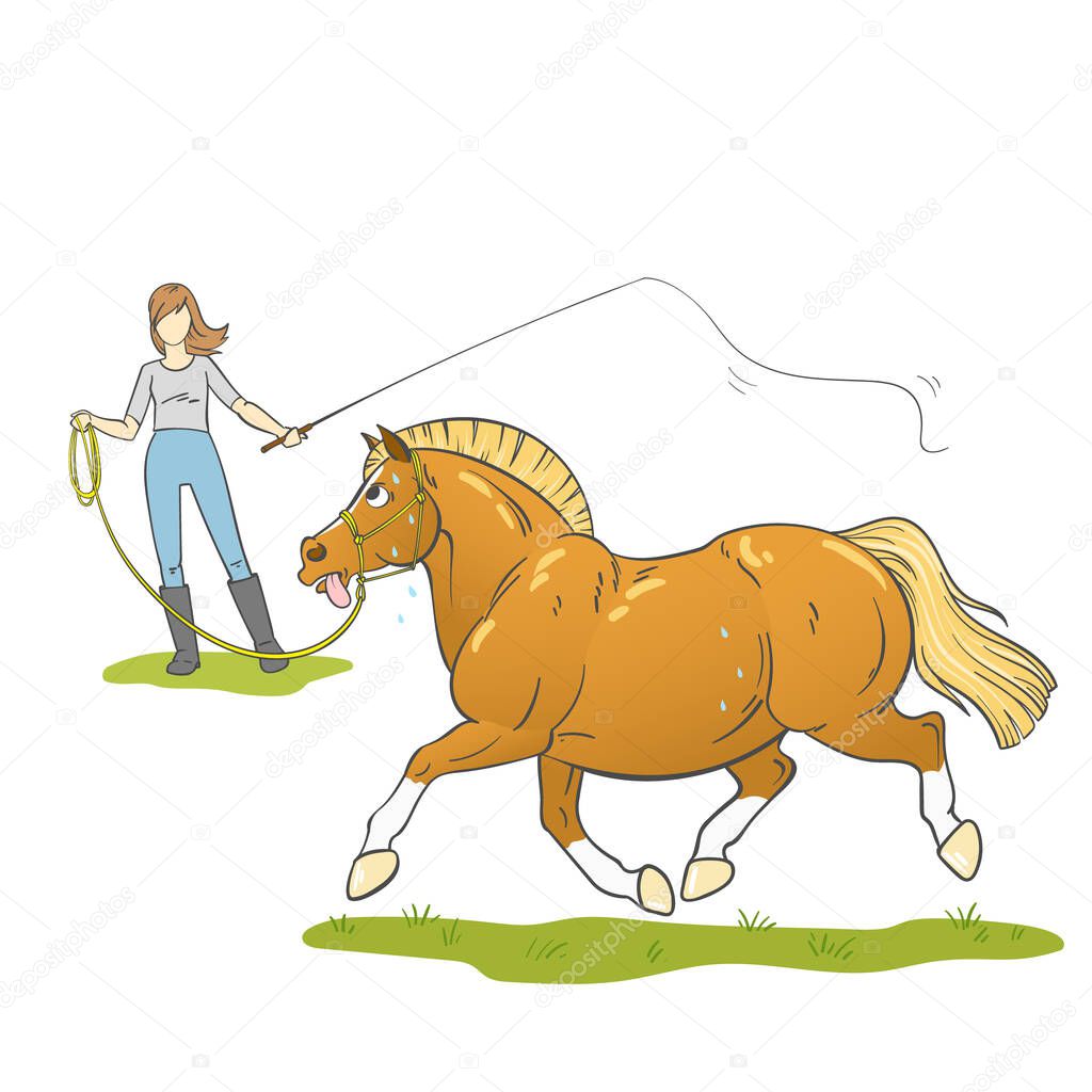 Illustration of a young woman lunging an overweight pony