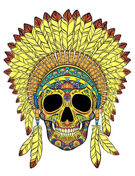 Skull with ornaments and native indian war bonnet yellow and orange colors — стоковий вектор