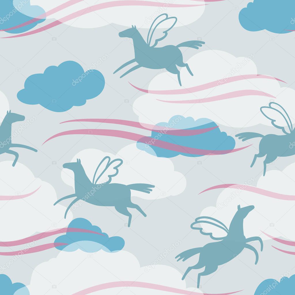 Seamless pattern with flying horses in blue and white clouds