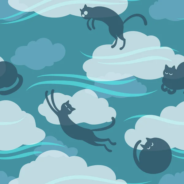 Padrão de vetor sem costura com gatos no céu noturno com nuvens — Vetor de Stock