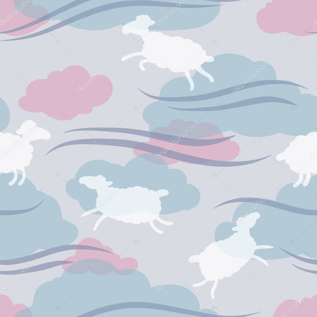 Seamless vector pattern with white flying sheep in pink and white clouds