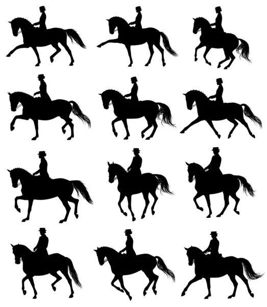 Set de 12 caballos doma con jinete — Archivo Imágenes Vectoriales