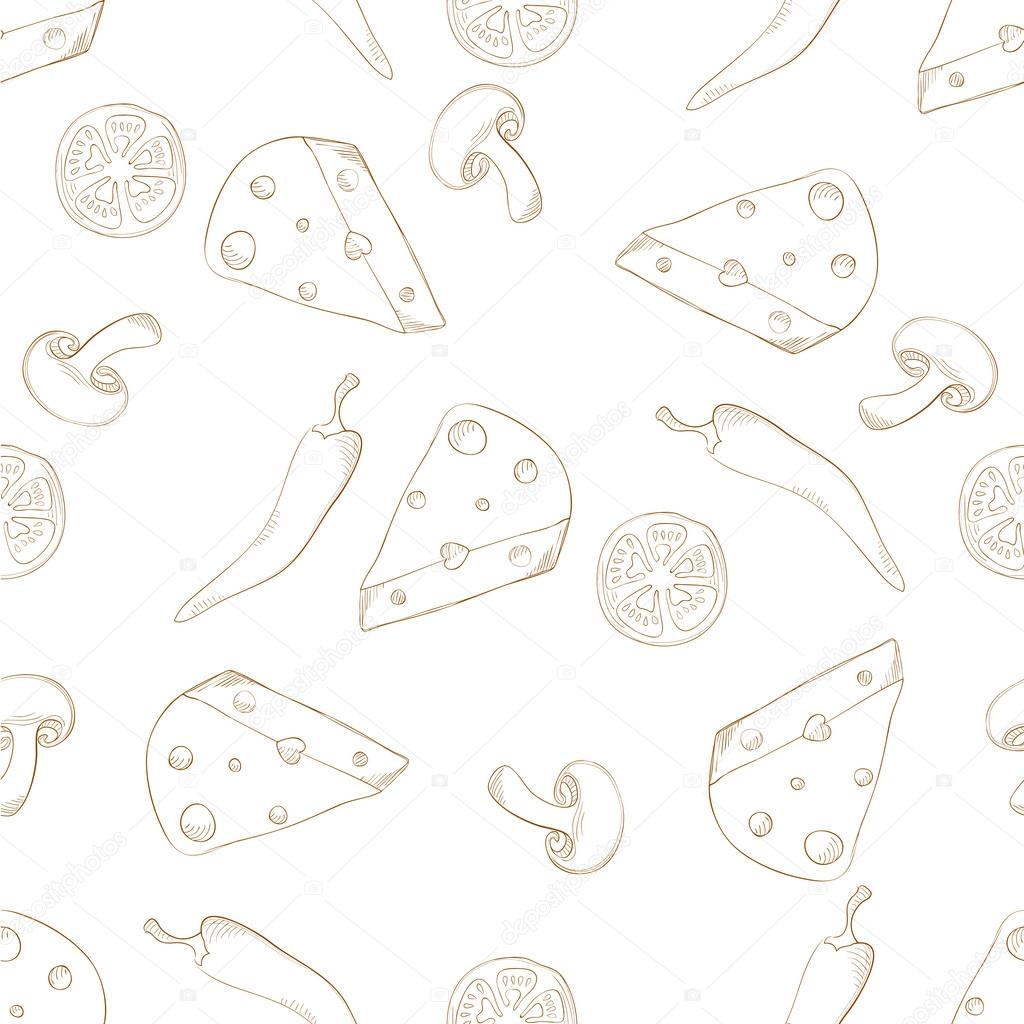 Pizza ingredients seamless pattern sepia on white