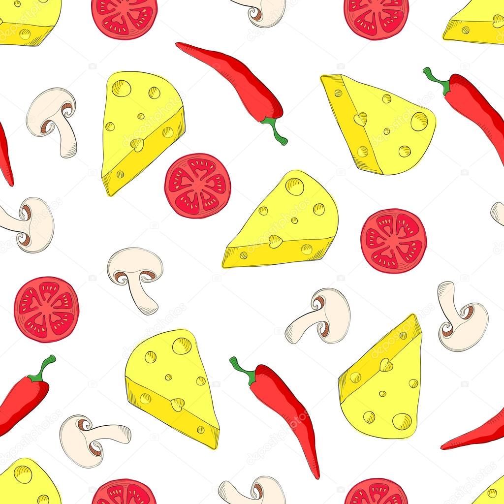 Pizza ingredients seamless pattern on white