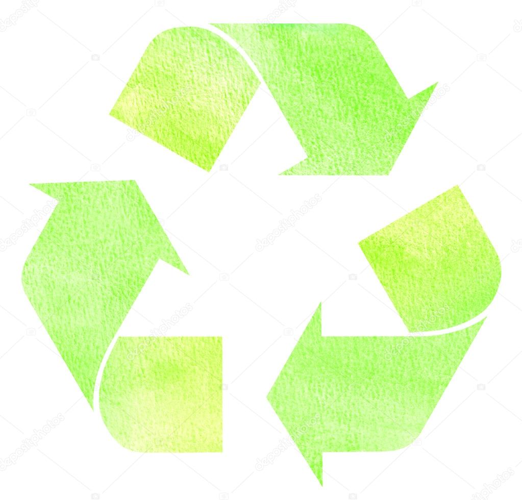 Green textured watercolor recycle sign isolated on white
