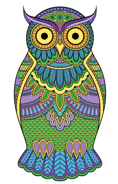 Graphic ornate multicolour owl — Stock Vector