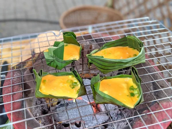 Grilled Eggs Banana Leaves Thai Traditional Style Food — Stock Photo, Image