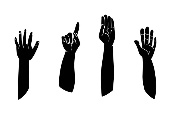 Collection Black Raised Hands Vector Silhouette Community Concept — Stock Vector