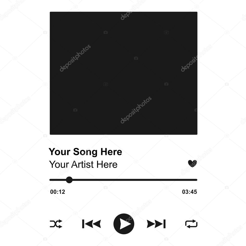 Audio controls for streaming music with blank album artwork and control buttons in vector