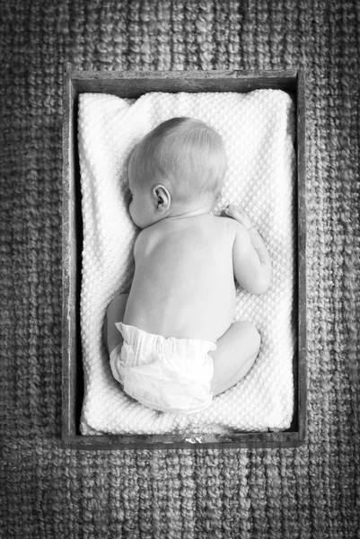 Newborn Baby In Crate Black and White — Stock Photo, Image