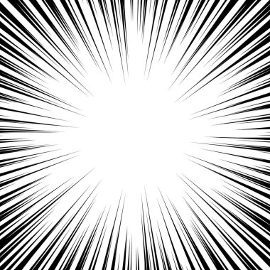 Arkaplan tasarımı veya çizgi film şablonu için vektör siyah radyal hız çizgisi patladı. Çizgi roman tasarım elementi. Siyah ve beyaz vektör çizimi.