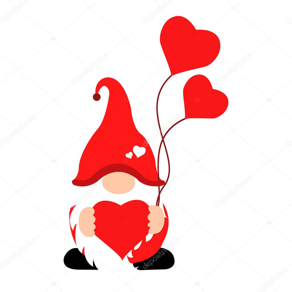 Cute Valentine gnome with heart-shaped balloon Vector illustration for St. Valentine s Day. Valentine gnome, great design for any purposes.