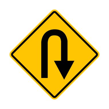 U dönüşü imzala. Sağa dön. Sarı yol işareti. İleride bir geri dönüş alanı var. Elmas yol işareti. Rhombus yol işareti