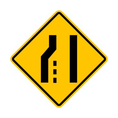 Sol taraftaki yol daralıyor. Yol daralıyor. İleride daha az şerit olacak. Sol çizgi sona eriyor. Sarı yol işareti. Elmas yol işareti. Rhombus yol işareti