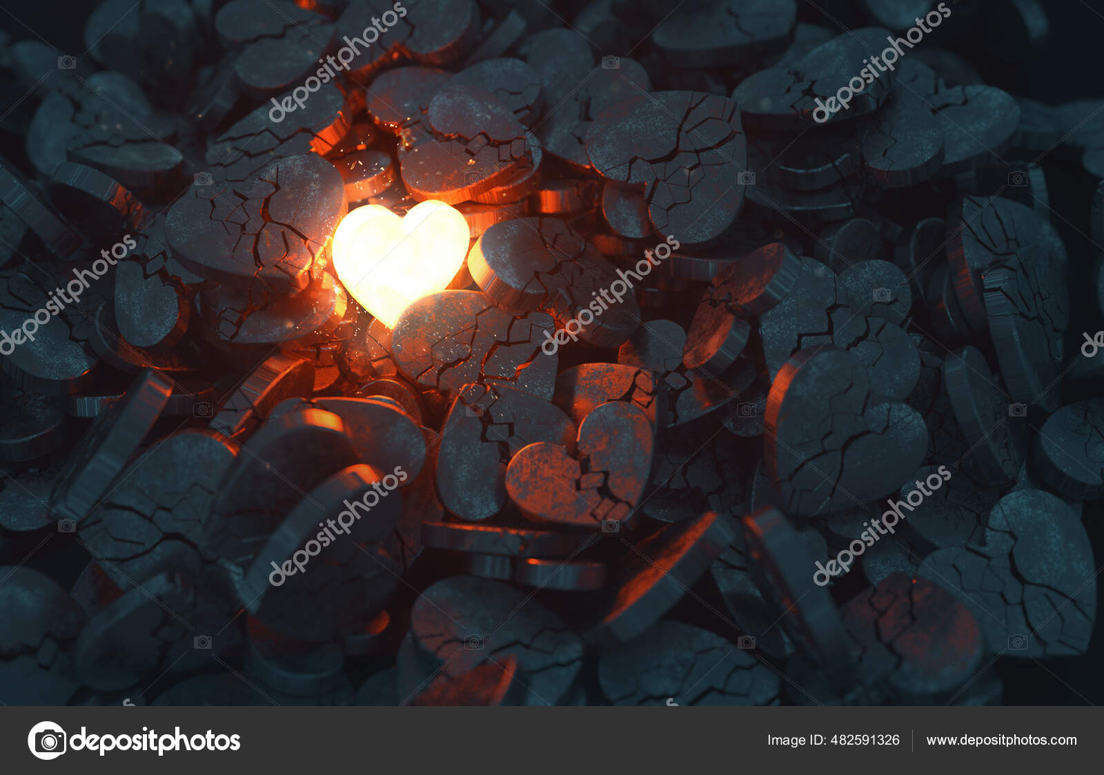 Single Glowing Heart Shines Many Broken Hearts — Stock Photo © kevron2002  #482591326, image size:1600x1124