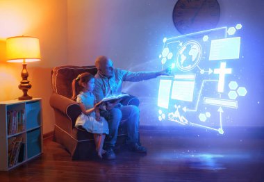 A father and daughter read a Bible with futuristic technology clipart