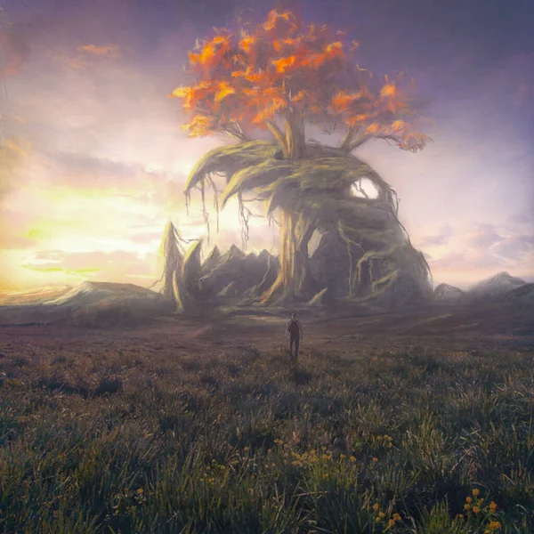 Pictura Digitală Unui Copac Mare Care Crește Prin Rămășițe Sau — Fotografie, imagine de stoc