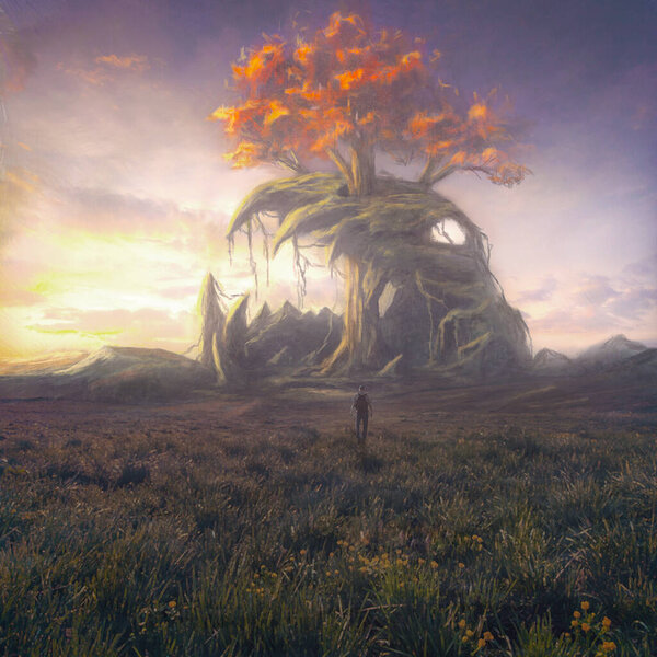 Digital painting of a large tree growing through the remains or a large skull.