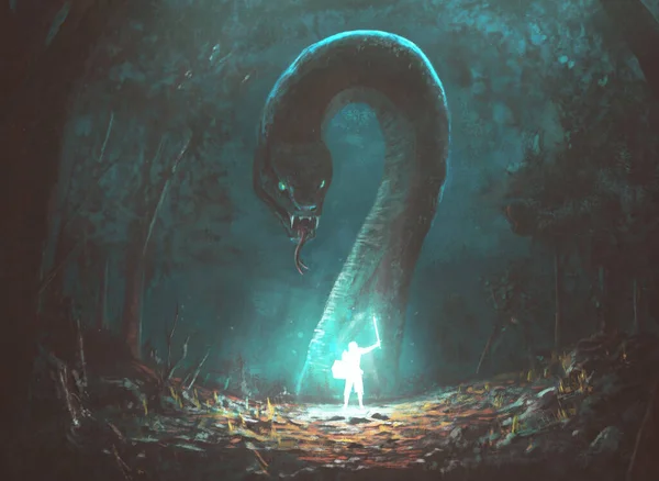 闇の怪物と戦う輝く戦士のデジタル絵画 — ストック写真