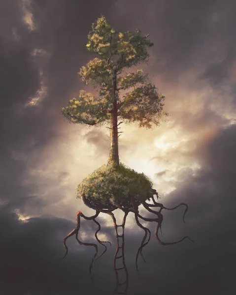 Digital Painting Tree Floating Sky Roots Reaching Ground — Stock Photo, Image