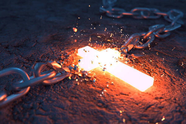 Яркий светящийся крест разрывает металлическую цепь